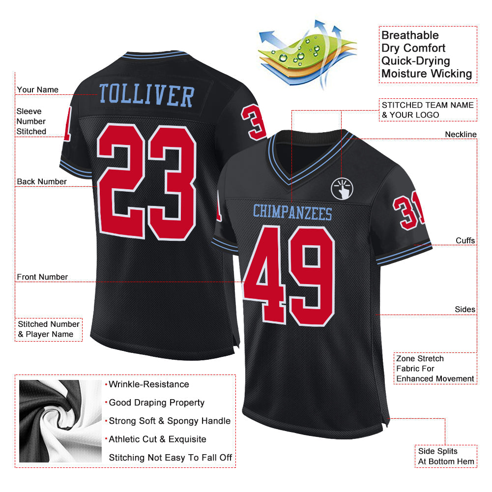 Custom Black Red-Light Blue Mesh Authentic Throwback Football Jersey view 2