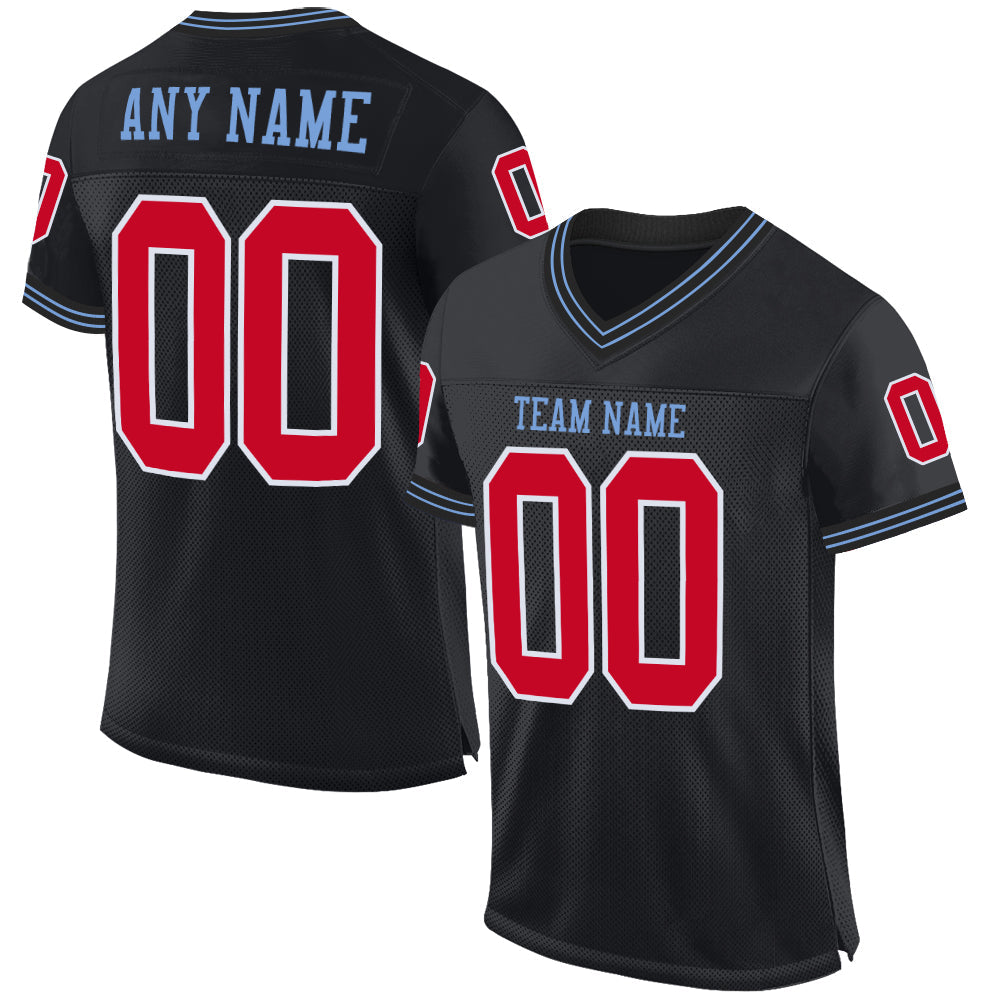 Custom Black Red-Light Blue Mesh Authentic Throwback Football Jersey - Main View