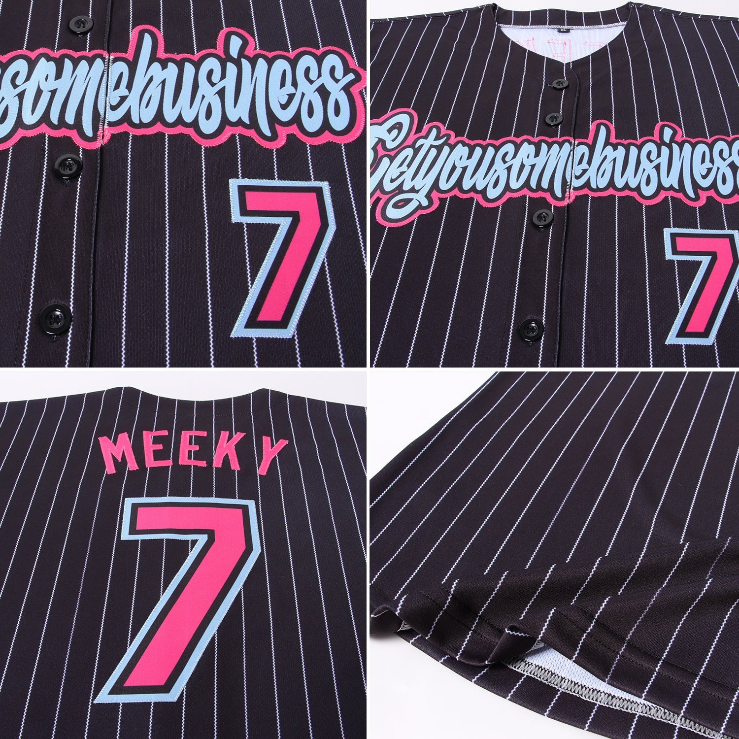 Custom Black White Pinstripe Pink-Light Blue Authentic Baseball Jersey view 6