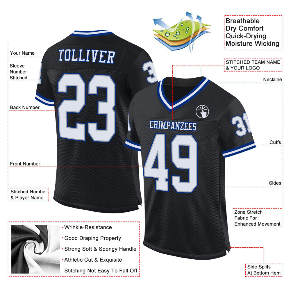 Custom Black White-Royal Mesh Authentic Throwback Football Jersey view 2