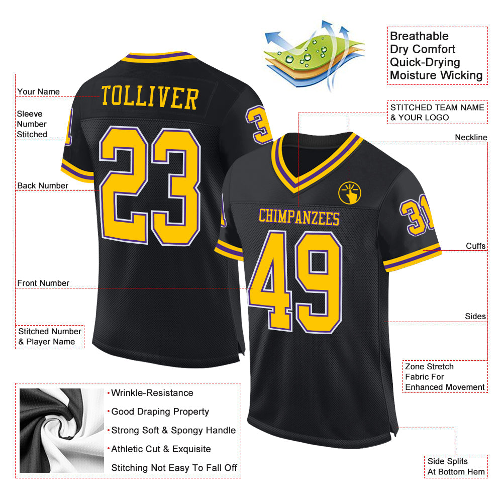 Custom Black Gold-Purple Mesh Authentic Throwback Football Jersey view 2