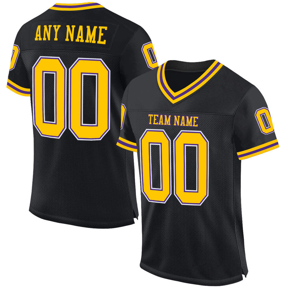 Custom Black Gold-Purple Mesh Authentic Throwback Football Jersey - Main View
