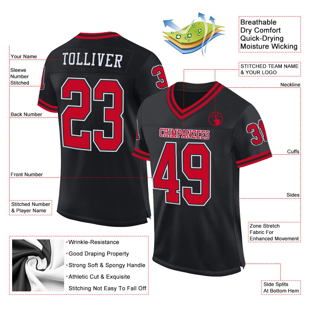 Custom Black Red-White Mesh Authentic Throwback Football Jersey view 2