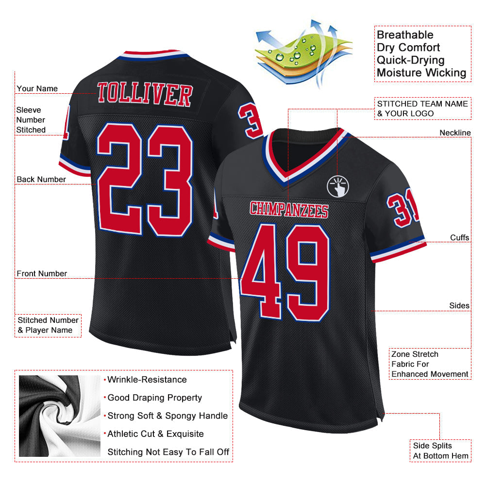 Custom Black Red-Royal Mesh Authentic Throwback Football Jersey view 2
