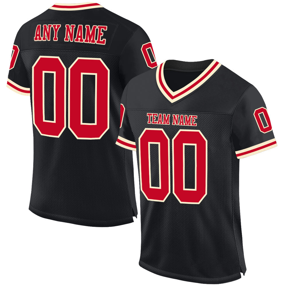 Custom Black Red-Cream Mesh Authentic Throwback Football Jersey - Main View