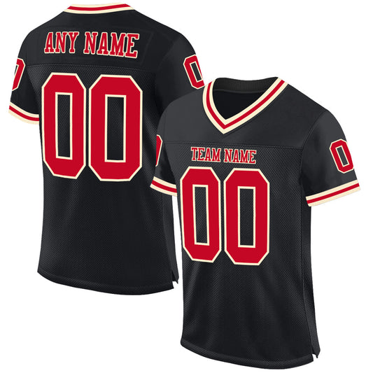 Custom Black Red-Cream Mesh Authentic Throwback Football Jersey - Main View