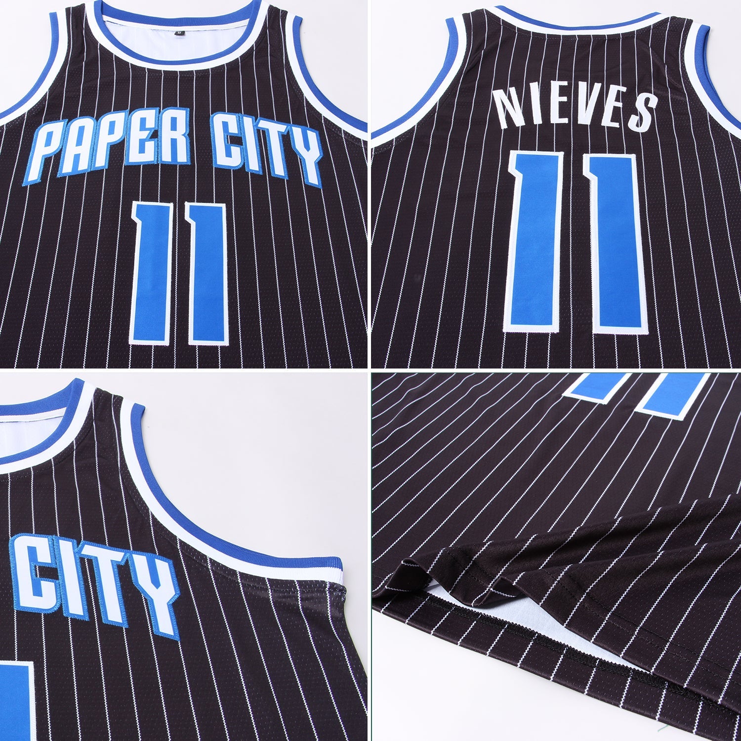 Custom Black White Pinstripe Royal-White Authentic Basketball Jersey view 5