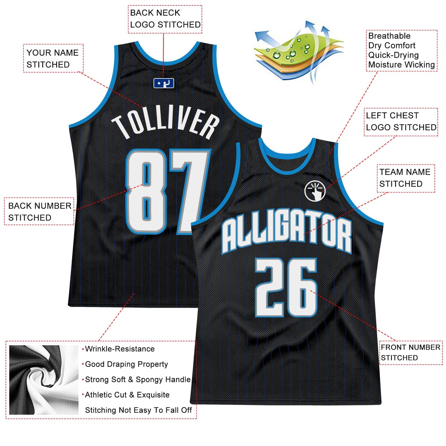 Custom Black Royal Pinstripe White-Blue Authentic Basketball Jersey view 2