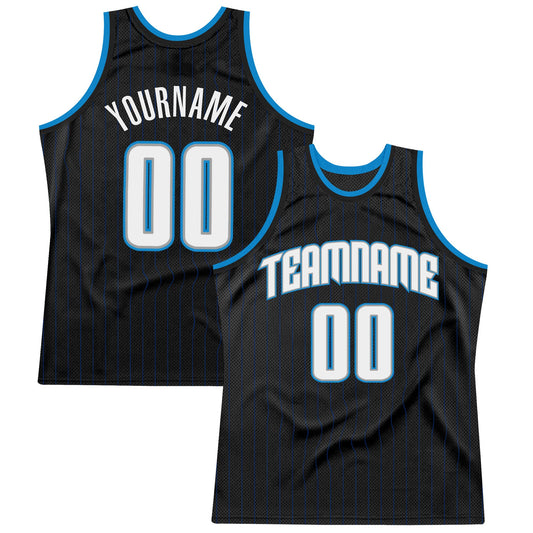 Custom Black Royal Pinstripe White-Blue Authentic Basketball Jersey - Main View