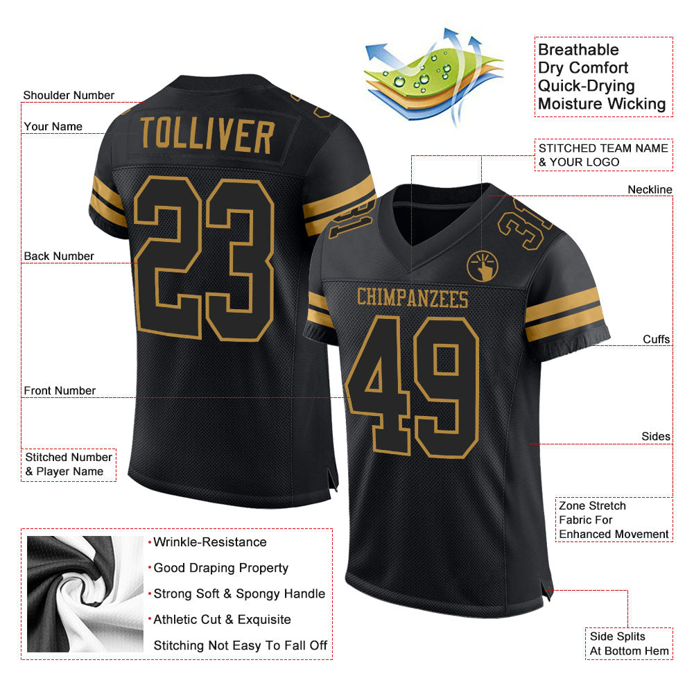 Custom Black Black-Old Gold Mesh Authentic Football Jersey view 2