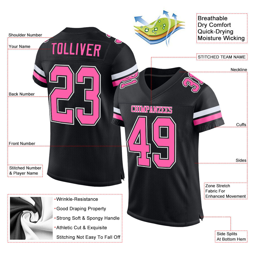 Custom Black Pink-White Mesh Authentic Football Jersey view 2