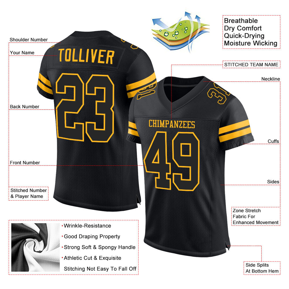 Custom Black Black-Gold Mesh Authentic Football Jersey view 2