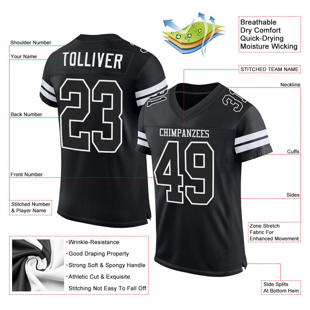 Custom Black Black-White Mesh Authentic Football Jersey view 2