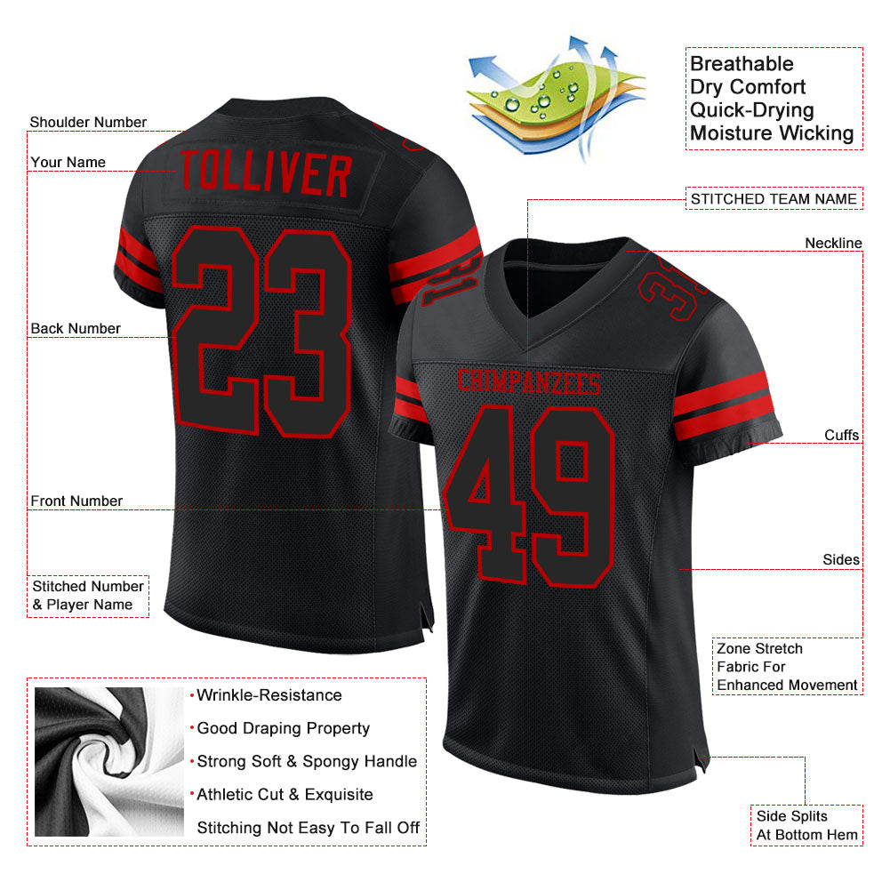 Custom Black Black-Red Mesh Authentic Football Jersey view 2