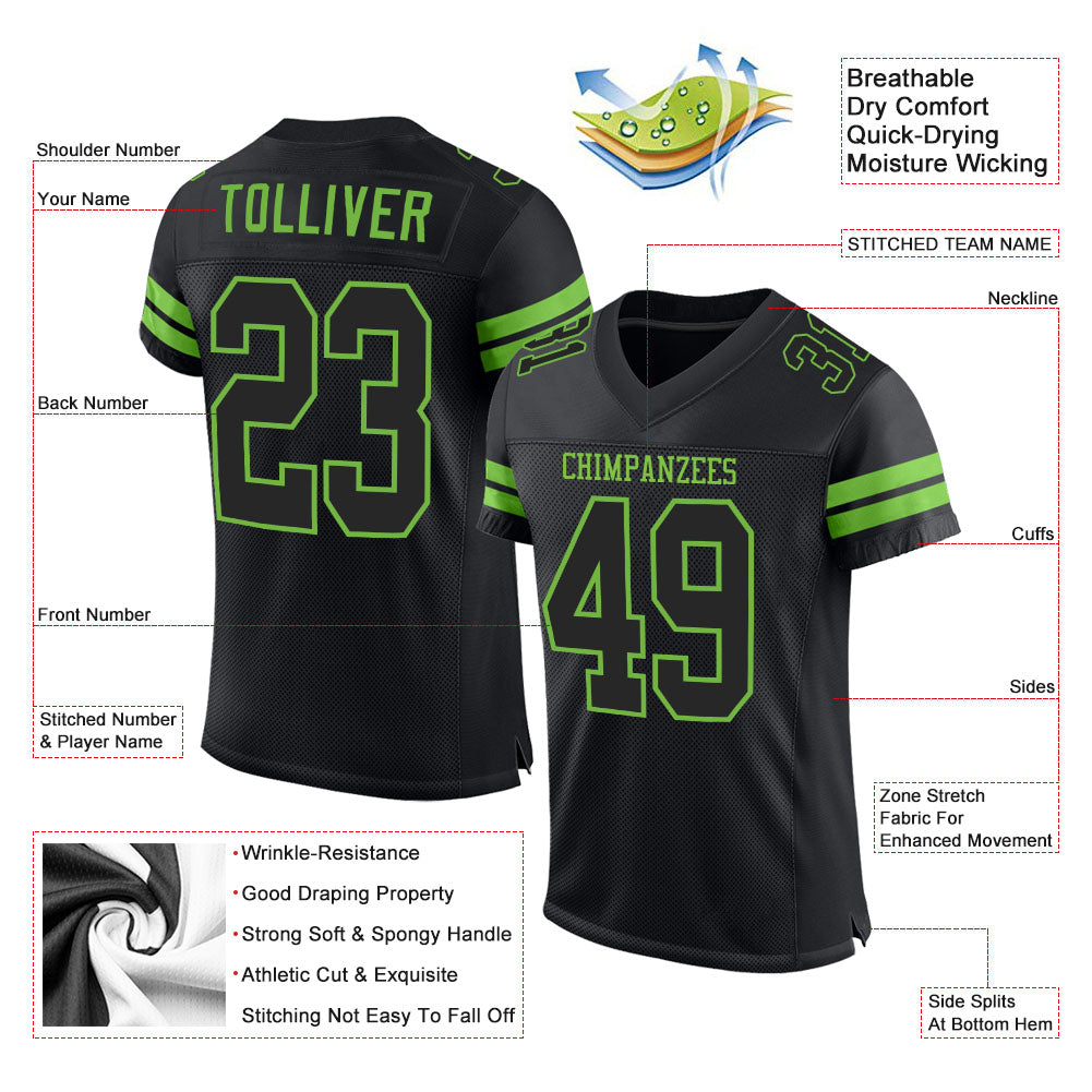Custom Black Black-Neon Green Mesh Authentic Football Jersey view 2