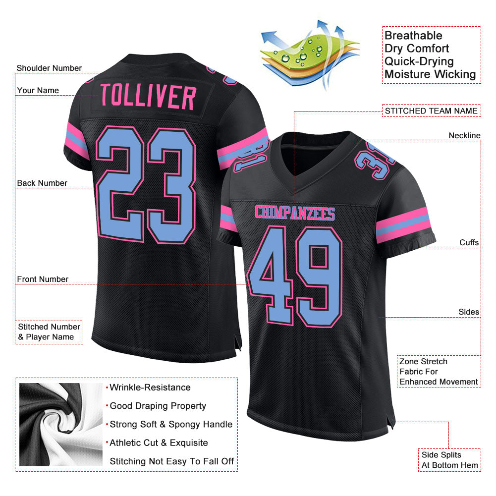 Custom Black Light Blue-Pink Mesh Authentic Football Jersey view 2