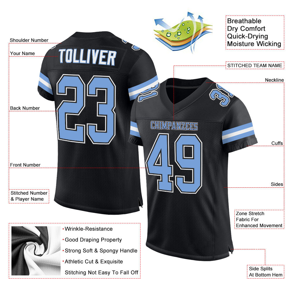 Custom Black Light Blue-White Mesh Authentic Football Jersey view 2
