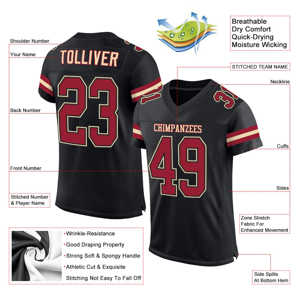 Custom Black Cardinal-Cream Mesh Authentic Football Jersey view 2