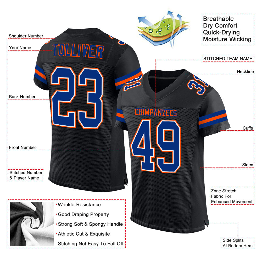 Custom Black Royal-Orange Mesh Authentic Football Jersey view 2