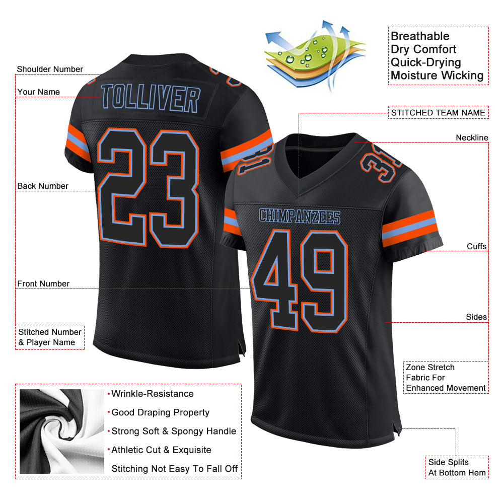 Custom Black Black-Orange Mesh Authentic Football Jersey view 2