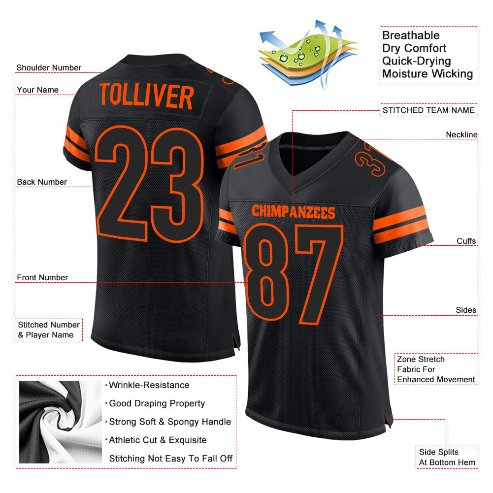 Custom Black Black-Orange Mesh Authentic Football Jersey view 2