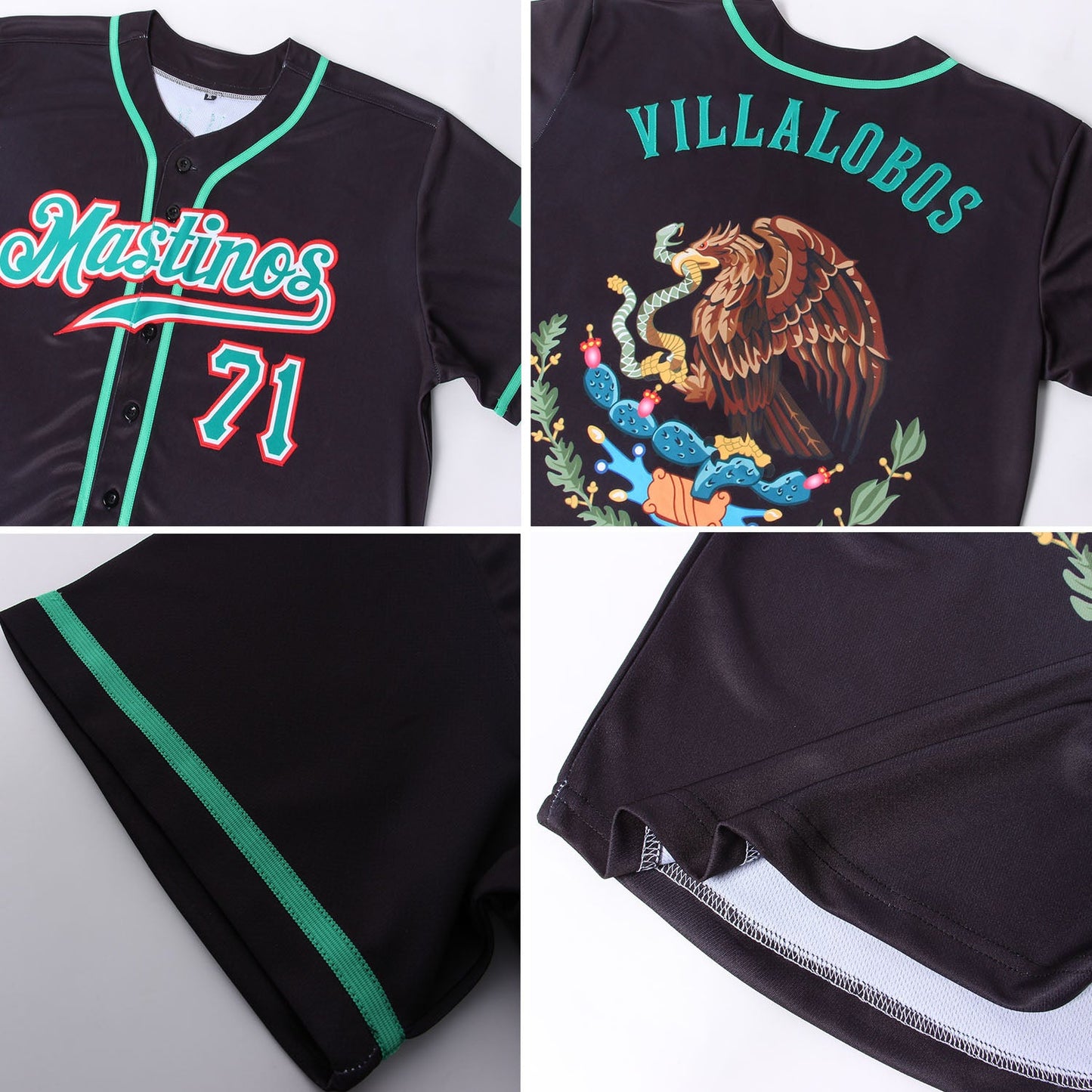 Custom Black Kelly Green-Red Authentic Mexican Flag Fashion Baseball Jersey view 6