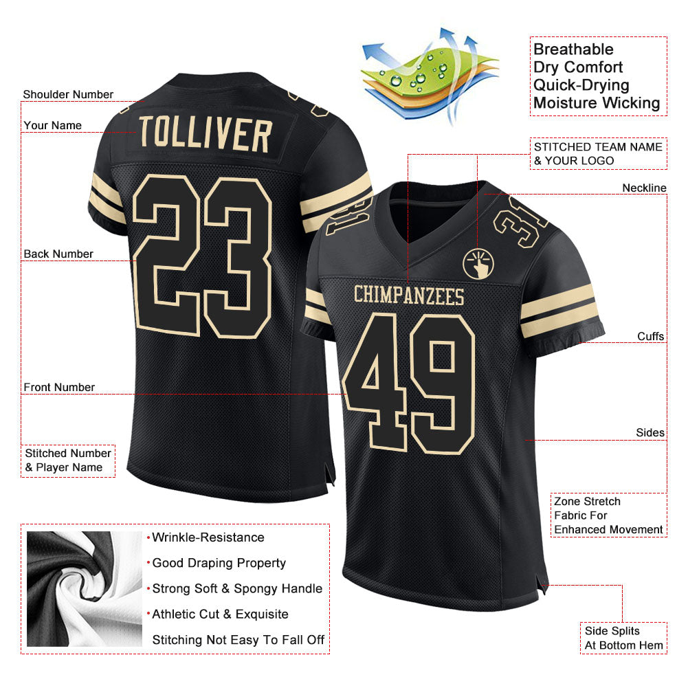Custom Black Black-Cream Mesh Authentic Football Jersey view 2