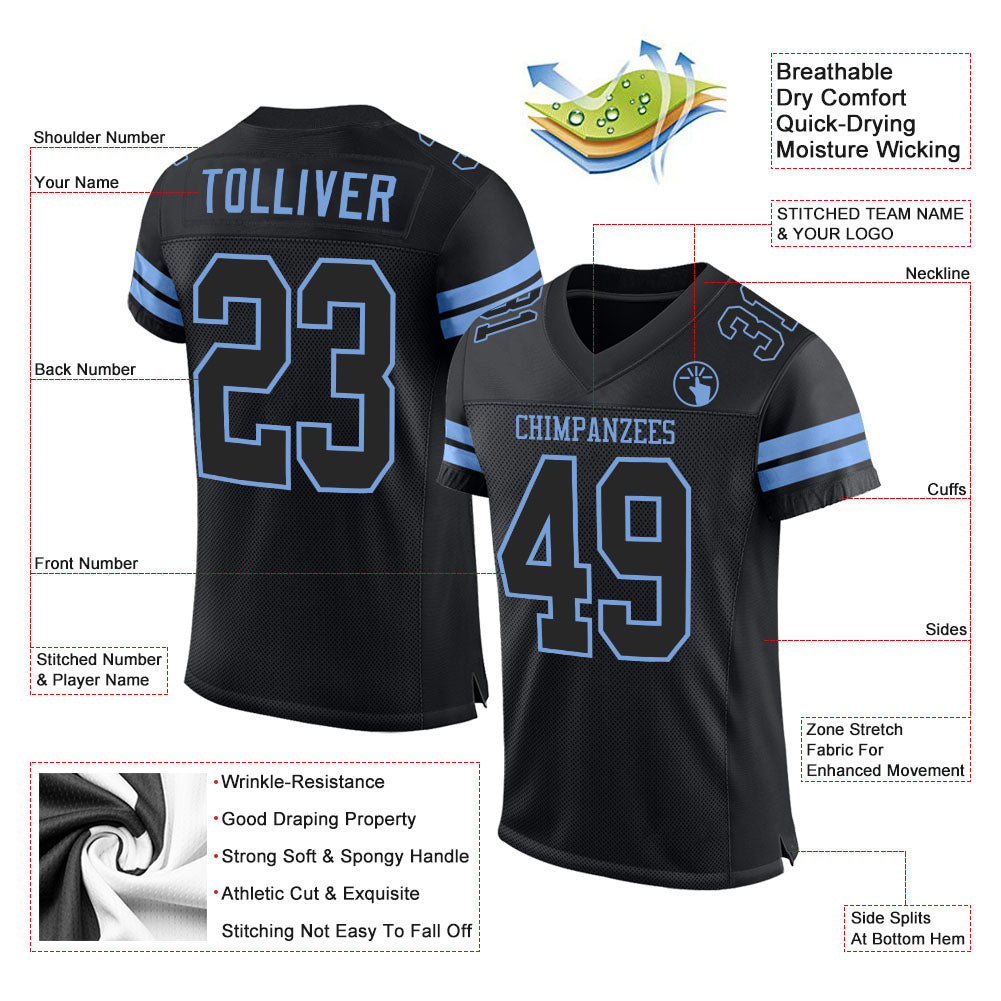 Custom Black Black-Light Blue Mesh Authentic Football Jersey view 2