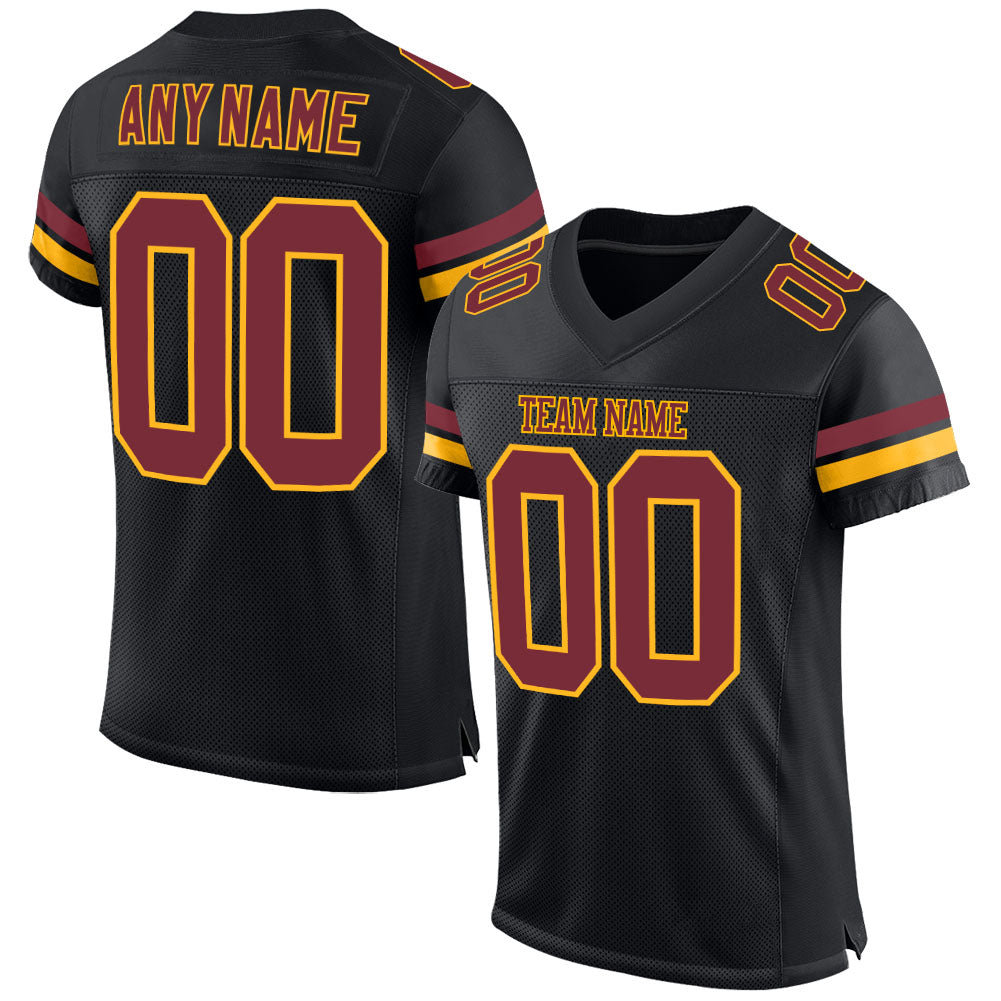 Custom Black Burgundy-Gold Mesh Authentic Football Jersey - Main View