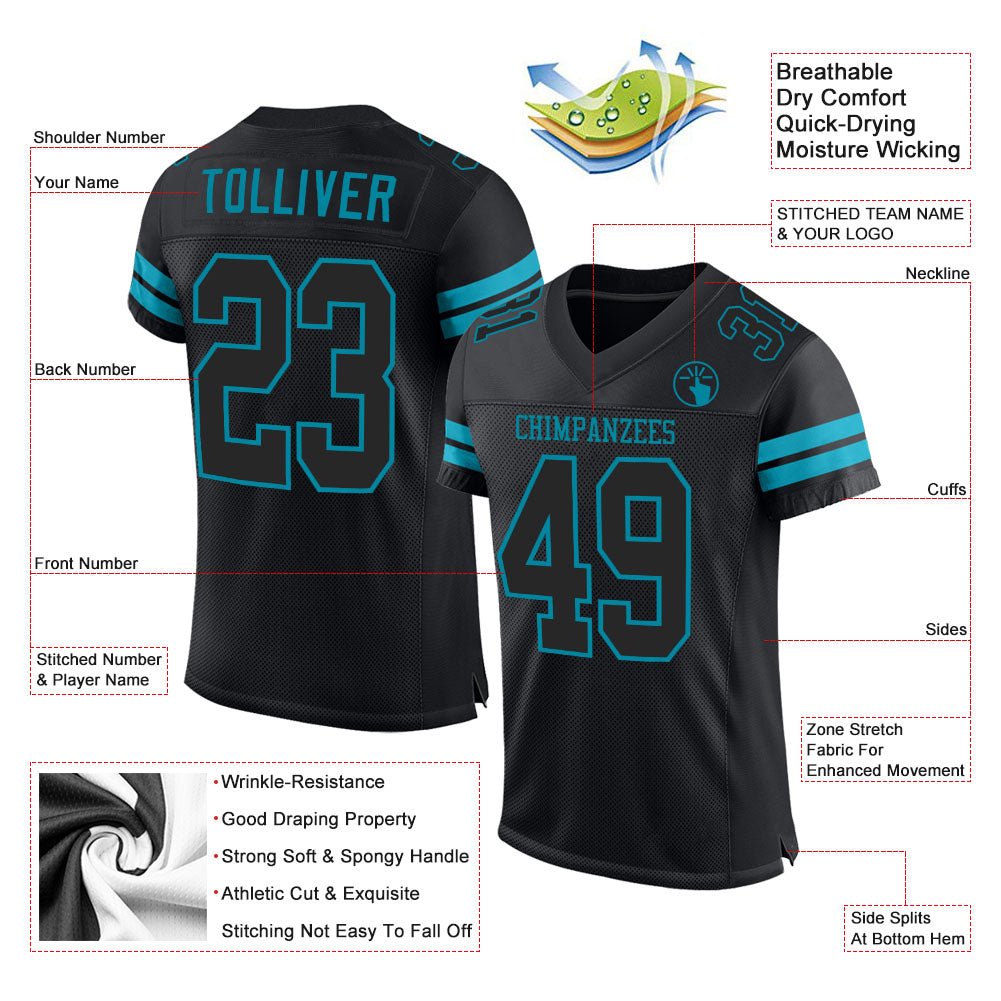 Custom Black Black-Teal Mesh Authentic Football Jersey view 2