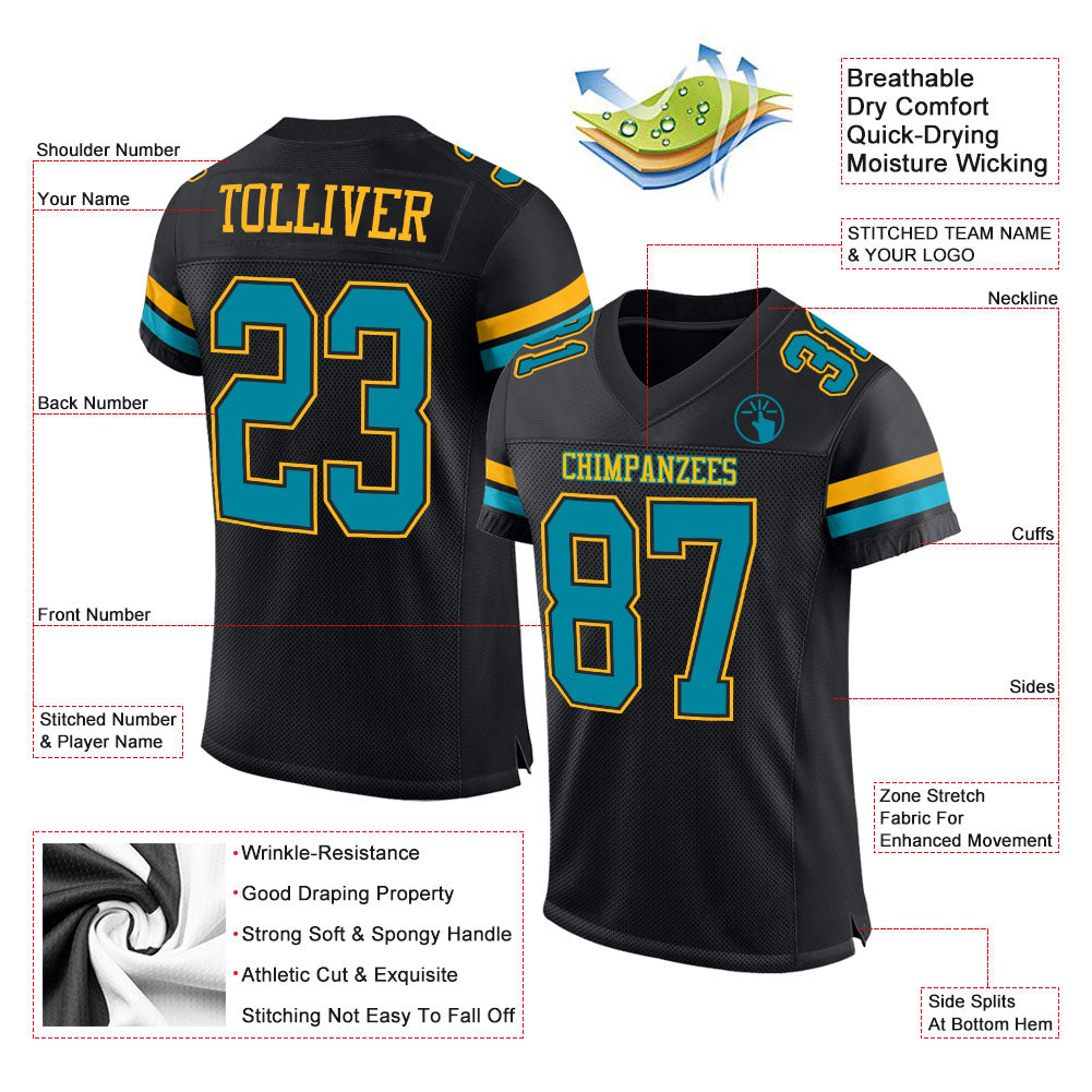 Custom Black Teal-Gold Mesh Authentic Football Jersey view 2