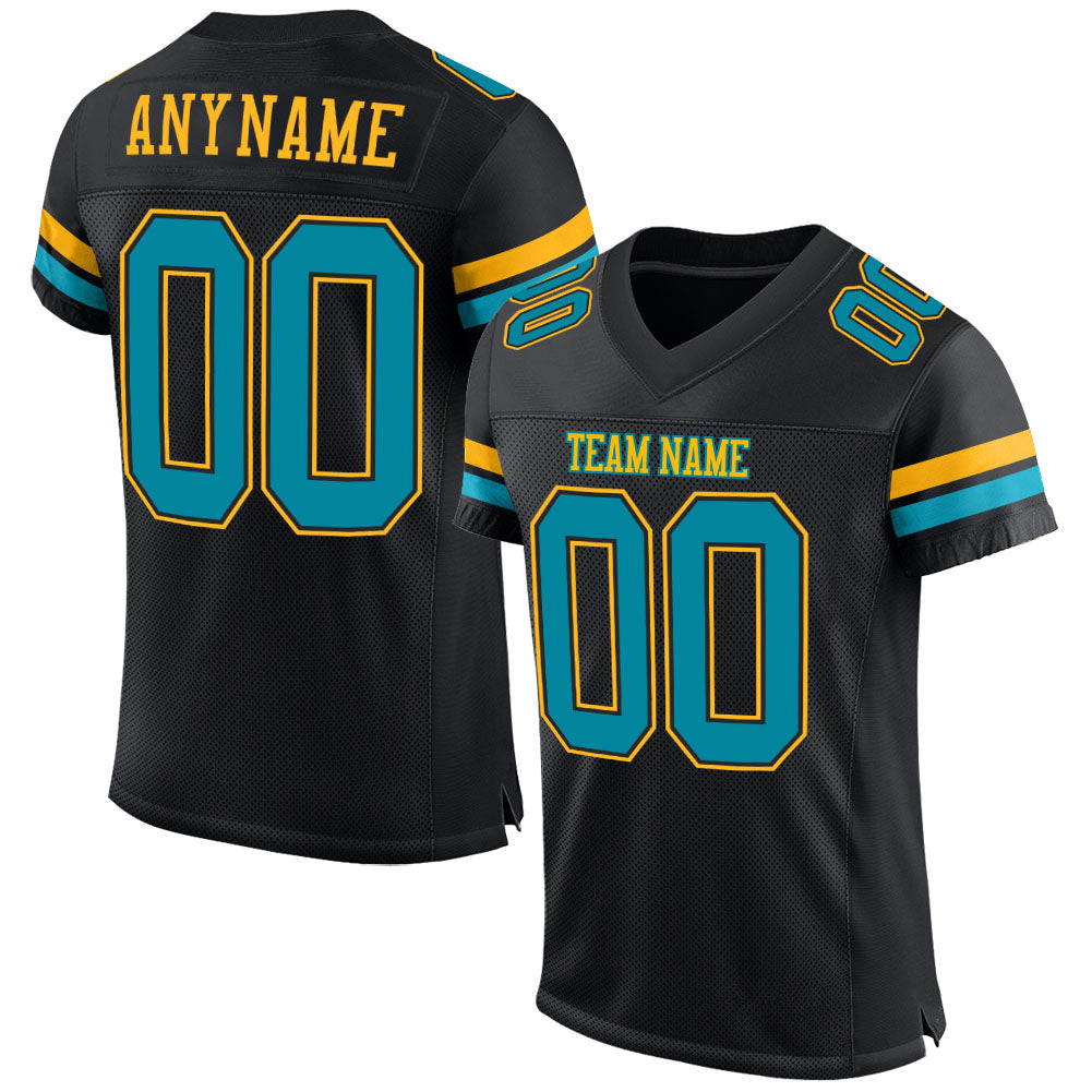 Custom Black Teal-Gold Mesh Authentic Football Jersey - Main View