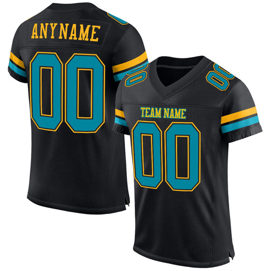 Custom Black Teal-Gold Mesh Authentic Football Jersey - Main View