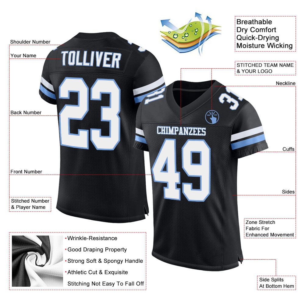 Custom Black White-Light Blue Mesh Authentic Football Jersey view 3