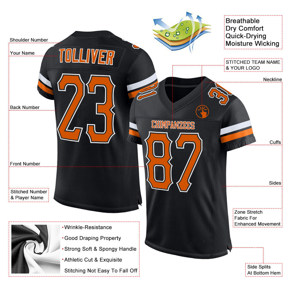 Custom Black Texas Orange-White Mesh Authentic Football Jersey view 2