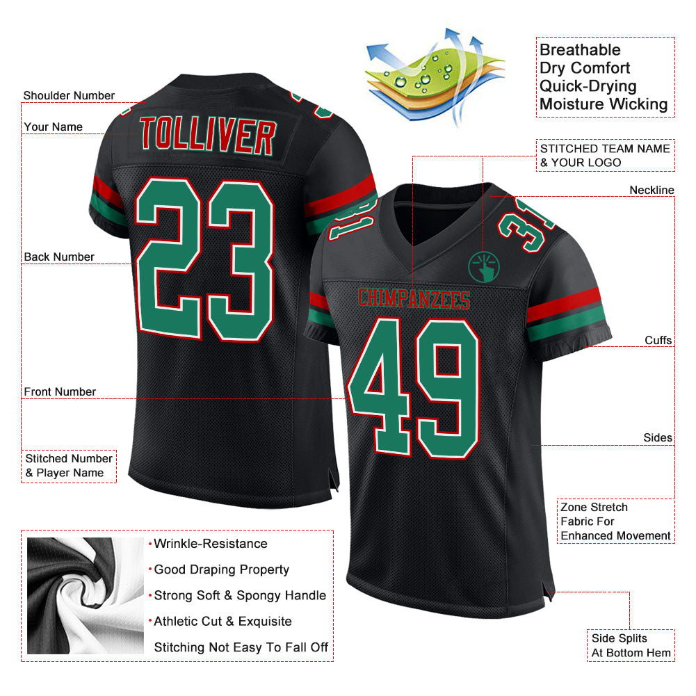 Custom Black Kelly Green-Red Mesh Authentic Football Jersey view 2