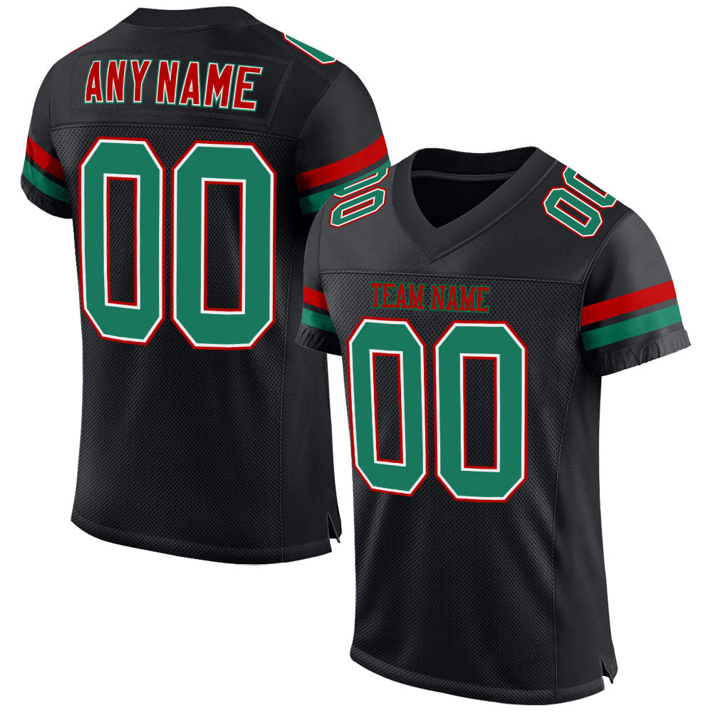 Custom Black Kelly Green-Red Mesh Authentic Football Jersey - Main View