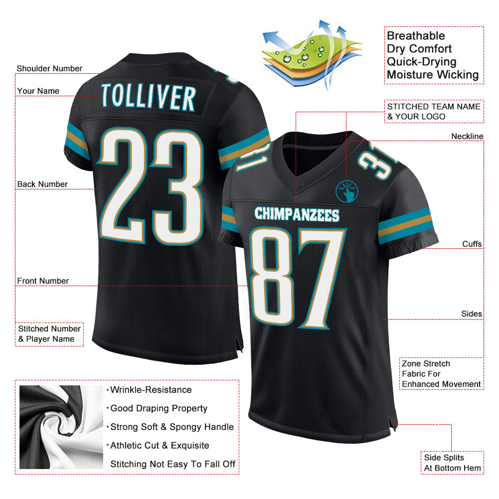 Custom Black White-Teal Mesh Authentic Football Jersey view 2