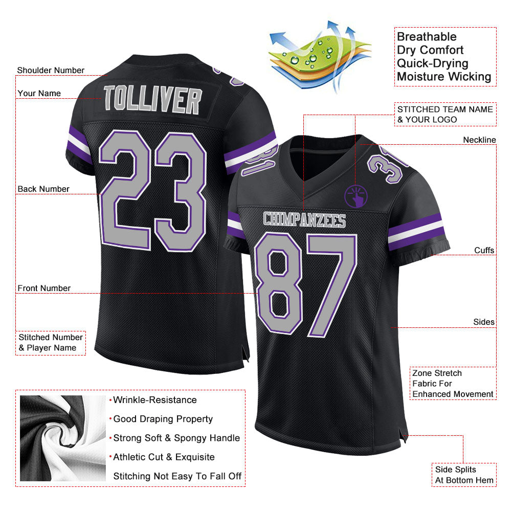 Custom Black Gray-Purple Mesh Authentic Football Jersey view 2