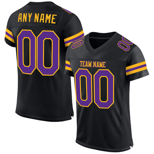 Custom Black Purple-Gold Mesh Authentic Football Jersey - Main View