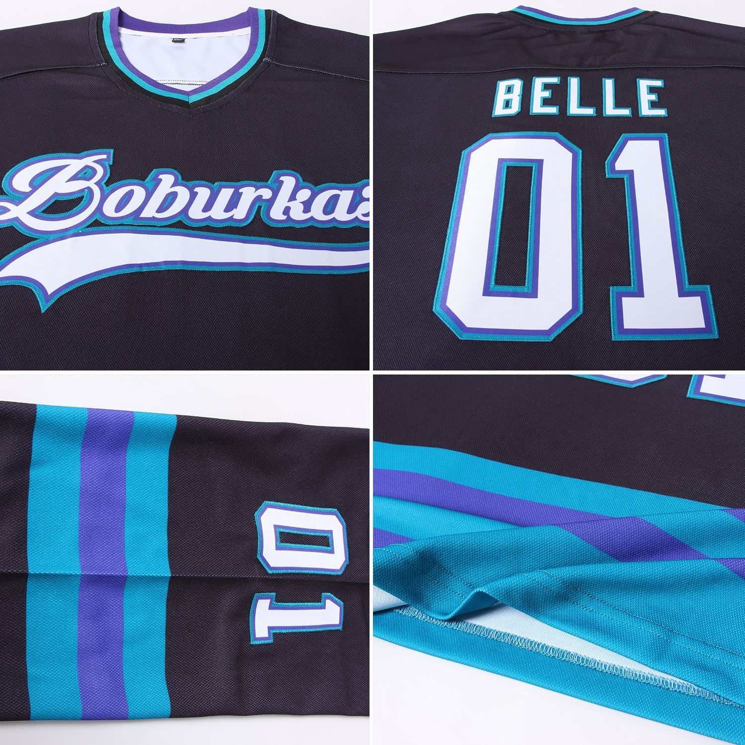 Custom Black White-Teal Hockey Jersey view 5