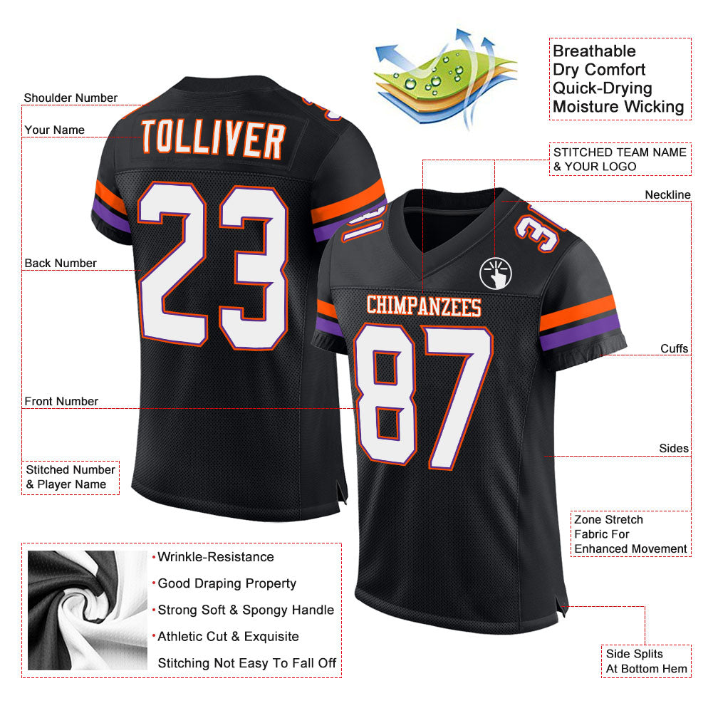 Custom Black White-Orange Mesh Authentic Football Jersey view 2