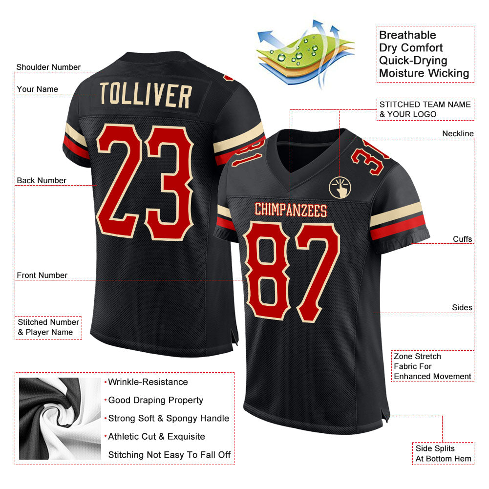Custom Black Red-Cream Mesh Authentic Football Jersey view 2