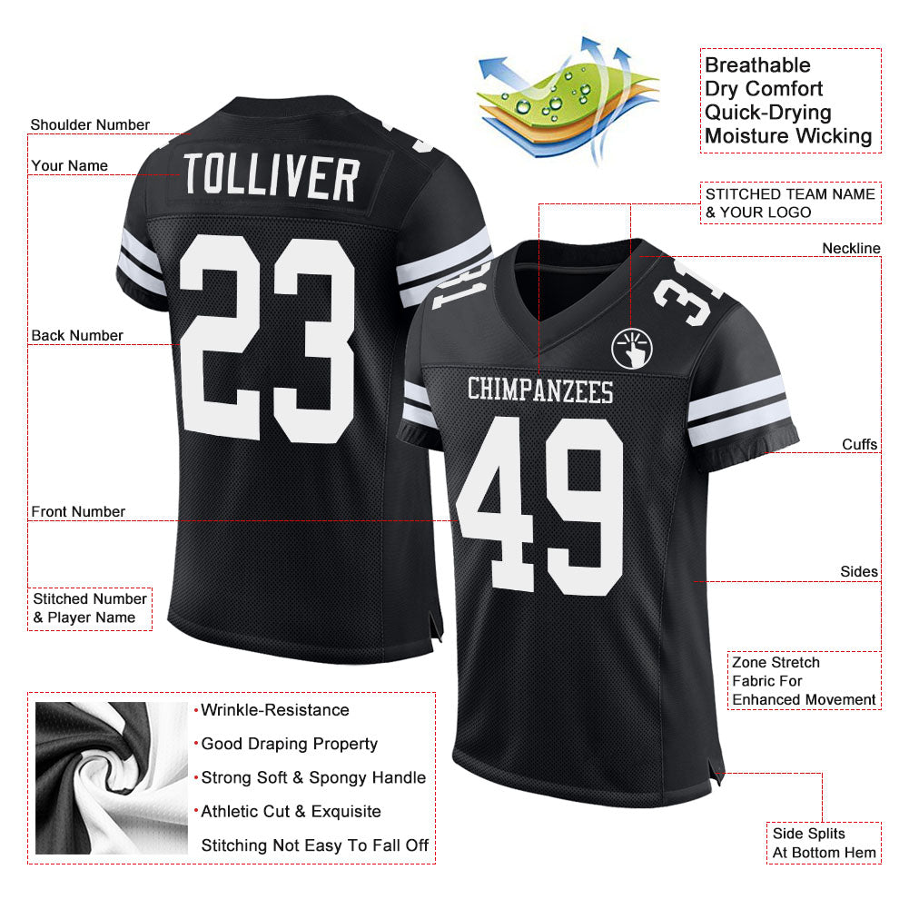 Custom Black White Mesh Authentic Football Jersey view 2