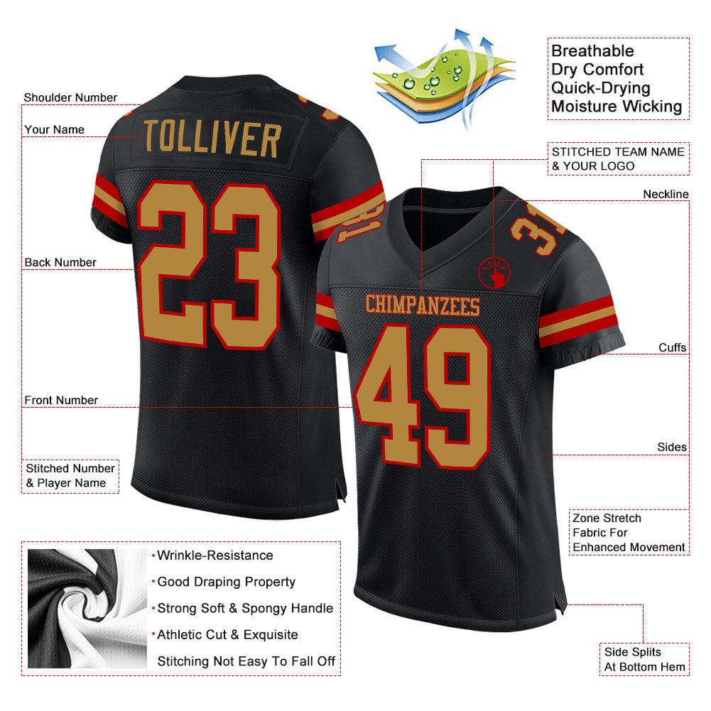 Custom Black Old Gold-Red Mesh Authentic Football Jersey view 2