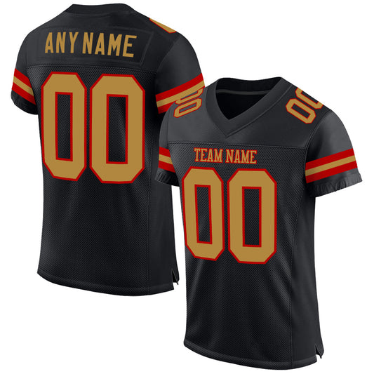 Custom Black Old Gold-Red Mesh Authentic Football Jersey - Main View