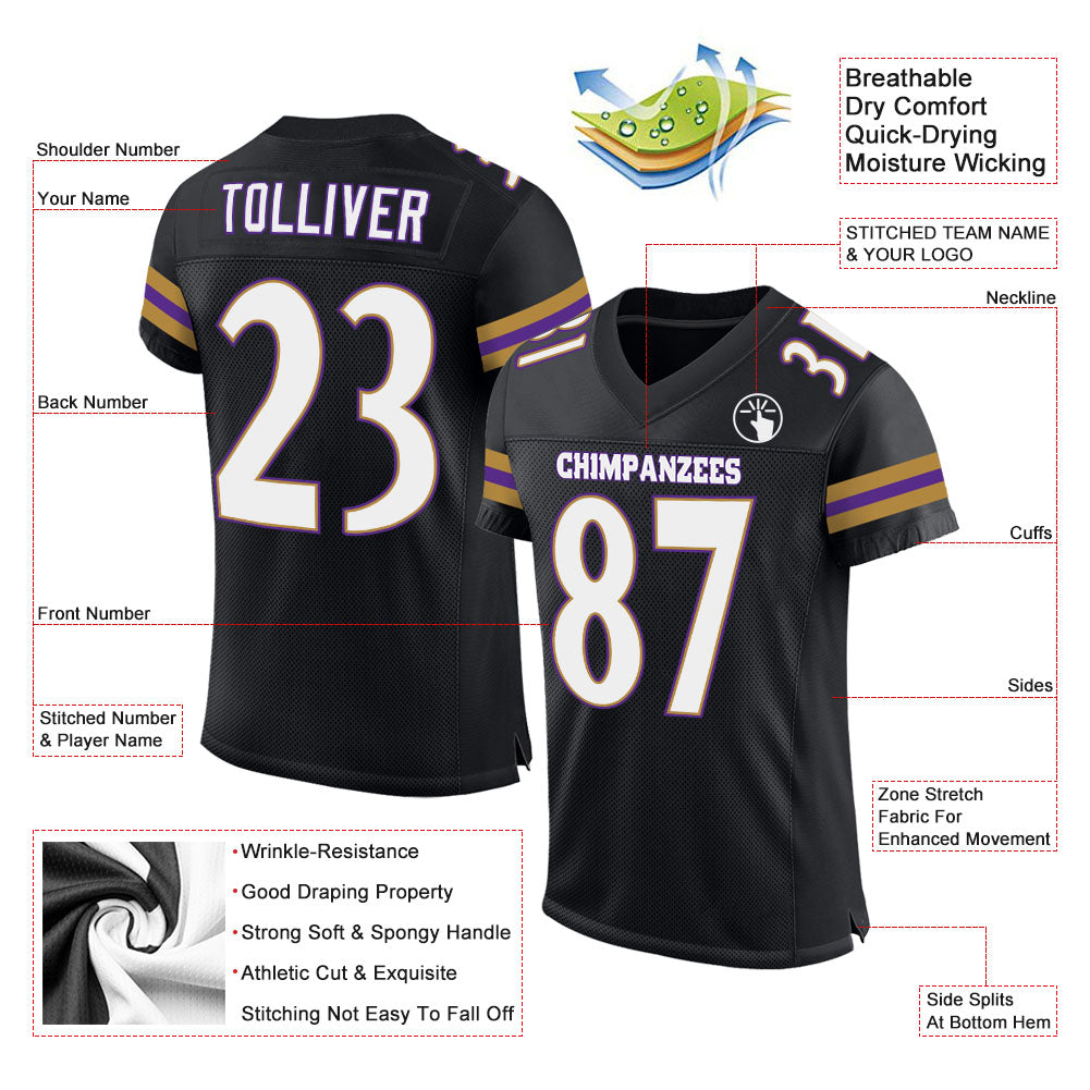 Custom Black White-Purple Mesh Authentic Football Jersey view 2