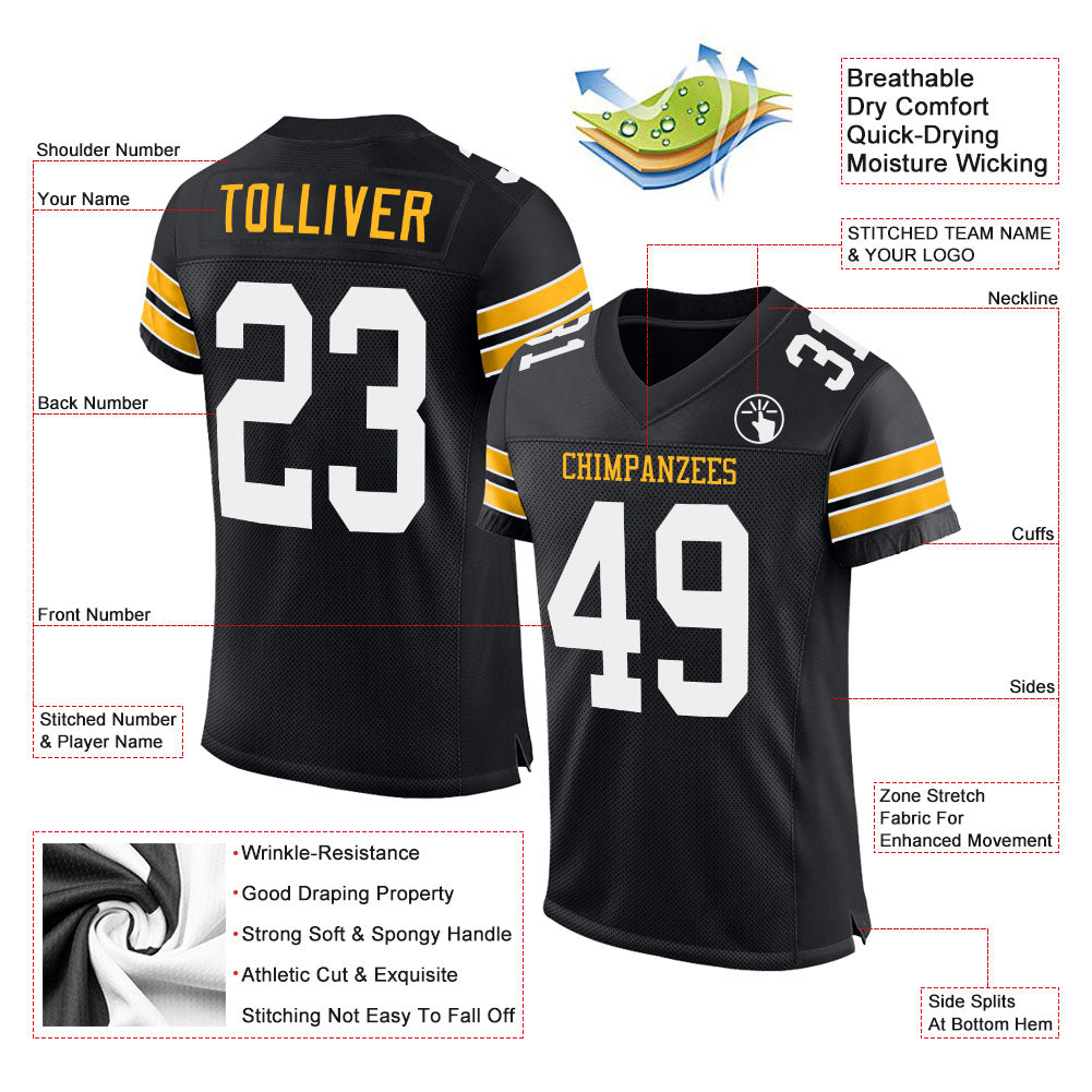 Custom Black White-Gold Mesh Authentic Football Jersey view 2