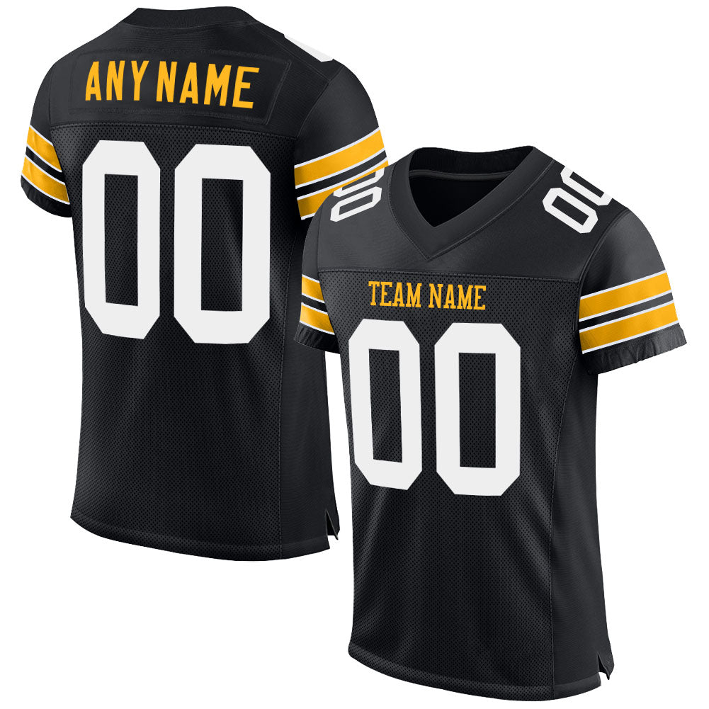 Custom Black White-Gold Mesh Authentic Football Jersey - Main View