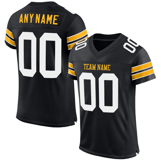 Custom Black White-Gold Mesh Authentic Football Jersey - Main View